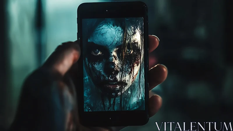 Cinematic smartphone closeup showing horror portrait on screen