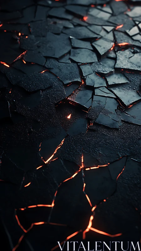 Cracked obsidian ground reveals molten ember fractures.