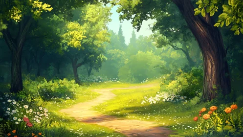 Forest Path Through Sunlit Woods with Wildflowers