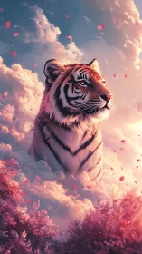 Majestic tiger head rises through glowing clouds at sunset