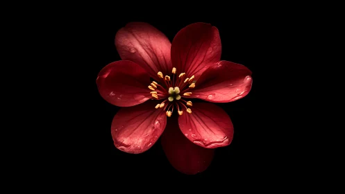 Deep Crimson Flower with Golden Stamens Against Black
