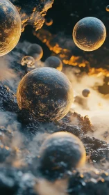 Luminous molten spheres drift through smoky cosmic chasm.