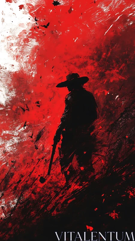 Silhouetted gunslinger amid turbulent abstract crimson field.