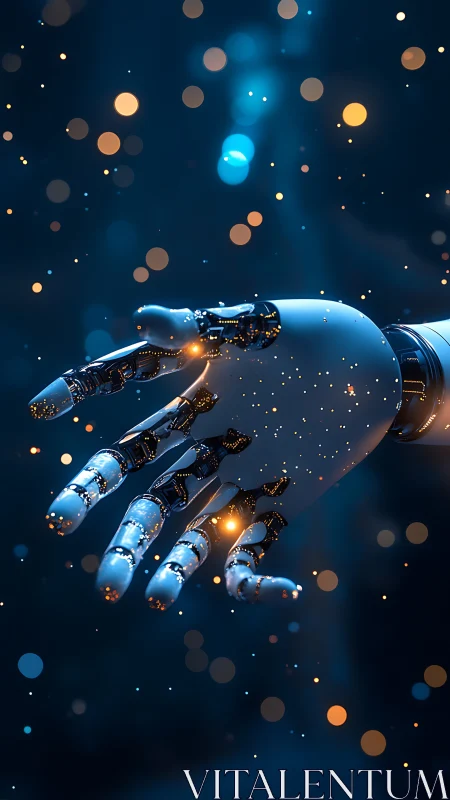 Robotic hand extends through luminous cybernetic particles.