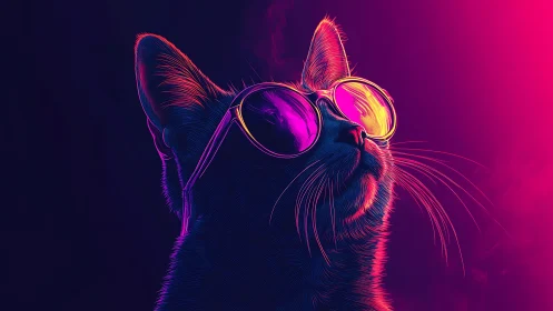 Neon cat portrait with mirrored sunglasses in vaporwave glow.