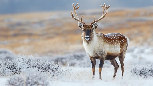 Photorealistic winter stag in frosted tundra composition.