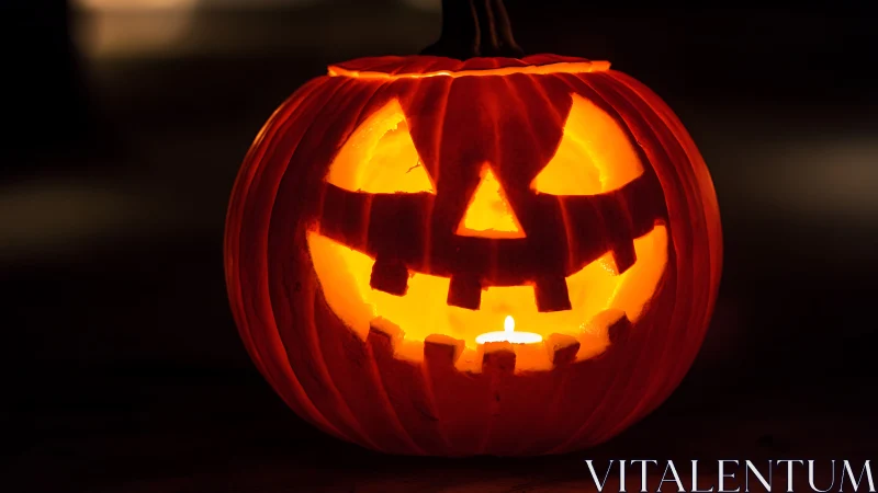 Glowing jack o’ lantern smiles warmly in the Halloween dark