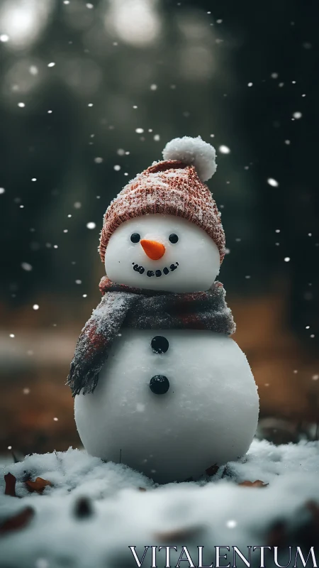 Snowman in knitted hat under soft falling winter snow.