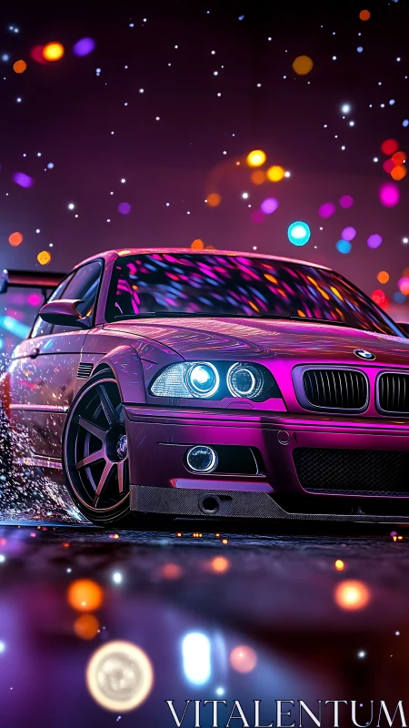 Neon pink street racer glowing under dreamy city lights.