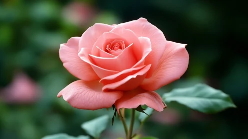 Coral pink rose bloom against green background.