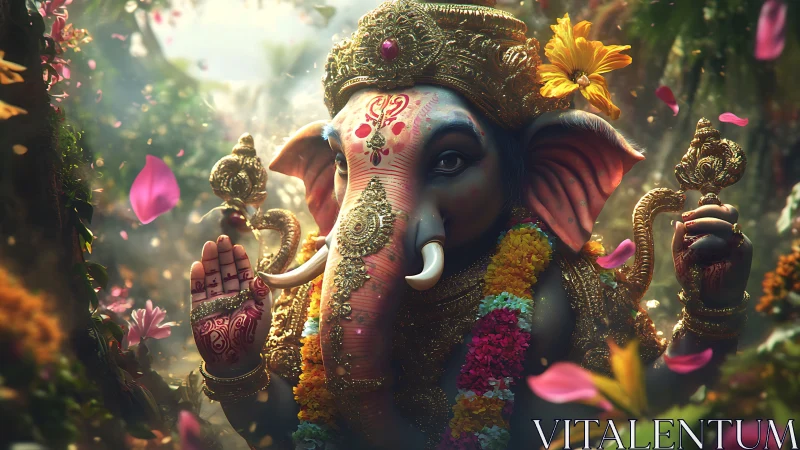 Ornate Ganesha idol stands in lush jungle temple light