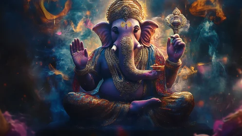 Radiant elephant deity in shimmering cosmic calm.