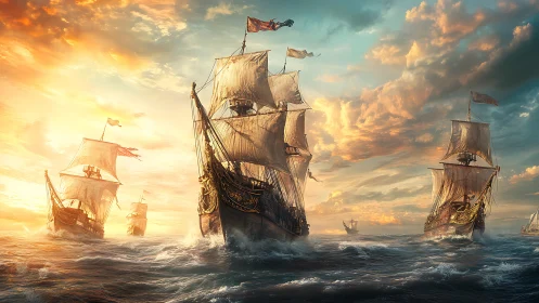 Sunlit armada cuts through stormlit waves at golden hour