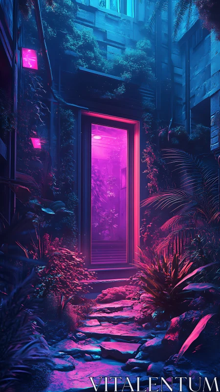 Neon jungle doorway glows in a moody futuristic alleyway