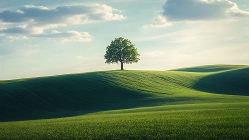 Solitary tree on rolling green hill under soft daylight.