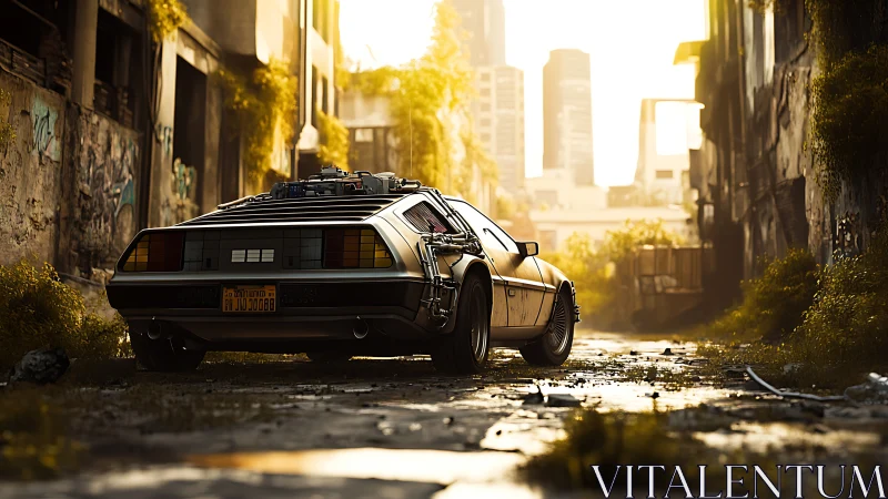 Retro sports car stands in sunlit, overgrown urban alley