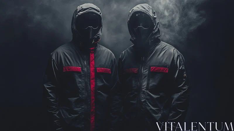 Hooded masked figures in dark techwear jackets with smoke.