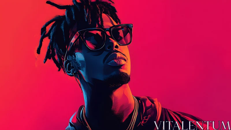 Portrait of male figure in sunglasses against neon gradient.