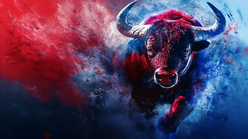 Digital bull illustration with red and blue abstract splashes.