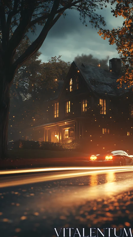 Moody cottage street at dusk with glowing sports car lights.