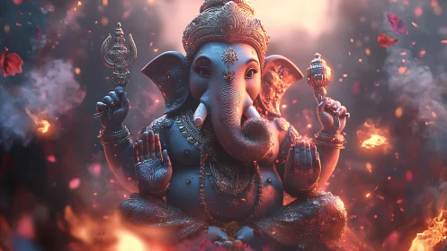 Elephant-headed deity statue in seated position with objects.