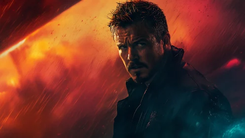 Brooding male portrait in neon rain with cinematic rim lighting