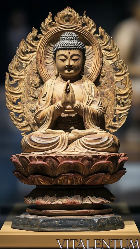Polychrome wooden Buddha sculpture seated on lotus pedestal