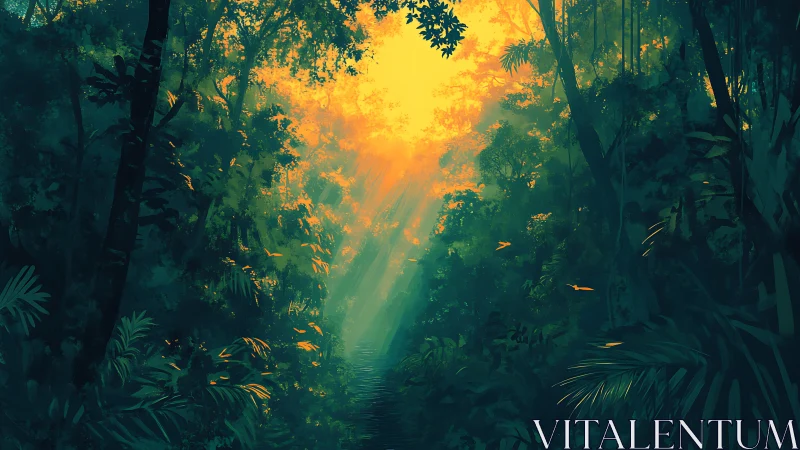 Mystical Forest Sanctuary Bathed in Golden Sunlight