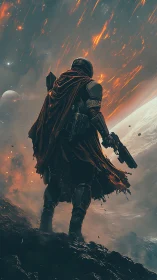 Digital painting of lone armored ranger under burning sky.