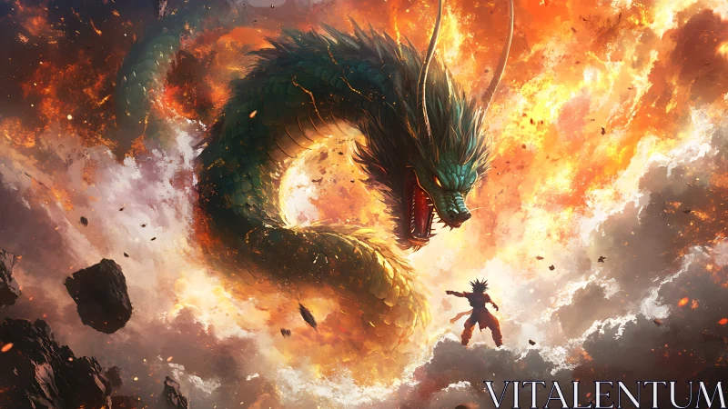 Mythic dragon confronts lone warrior amid blazing sky storm.