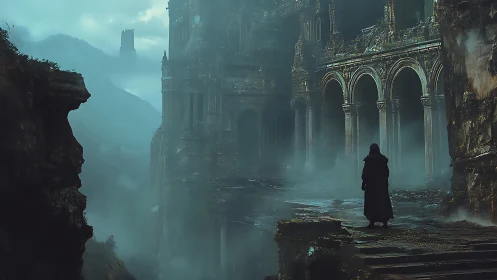 Lone wanderer haunts mist-veiled ruins of a forgotten citadel.