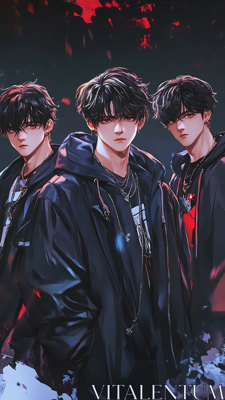 Three brooding boys share a stylish urban night moment