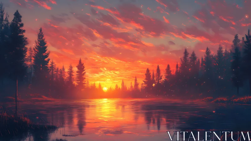 Sunset lake horizon under glowing ember sky panorama.