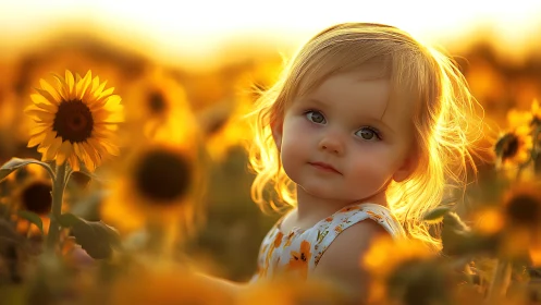 Child in Golden Sunflower Field at Sunset
