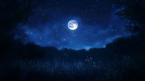 Full moon illuminates quiet forest clearing under deep sky