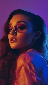 Portrait of woman in neon sunglasses and colored light.