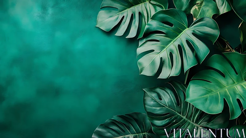 Monstera deliciosa foliage on teal textured background plane