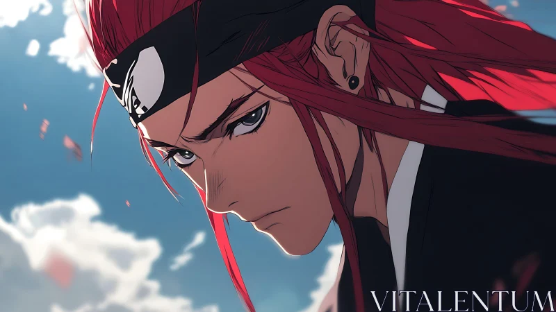 Red haired anime character in profile against sky background.