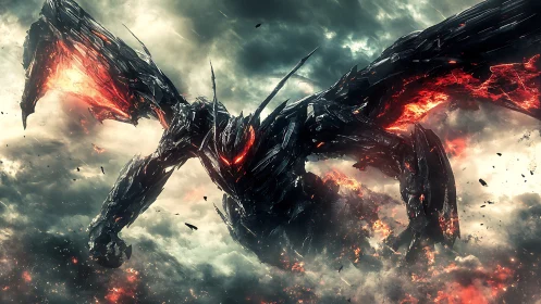 Molten-winged mechadragon claws open a storm-torn sky