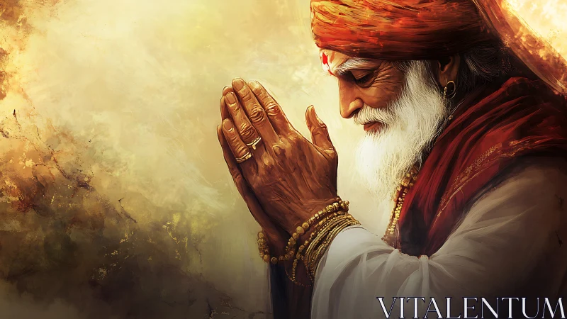 Warm-toned digital portrait shows elder in profile prayer pose