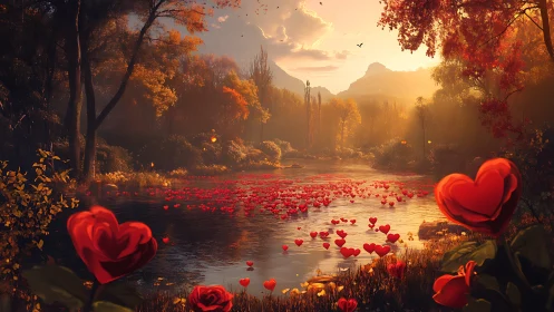 Romantic Fantasy Landscape with Red Hearts by Sunset River
