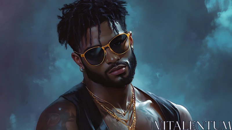 Male portrait in sunglasses against diffuse blue backdrop.