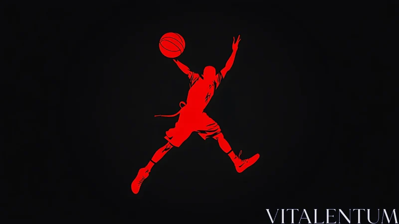 Silhouetted red basketball player in extended jump pose on black