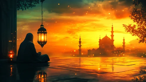 Solitary figure praying at sunset beside glowing lantern.