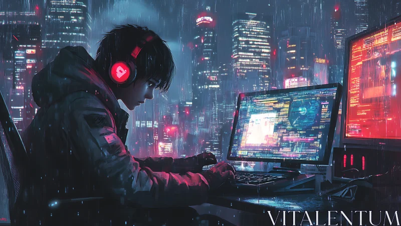 Cyberpunk coder monitors neon city grid under cold rain.
