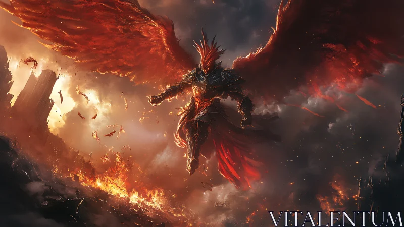 Flaming winged warrior soaring over a storm of embers.