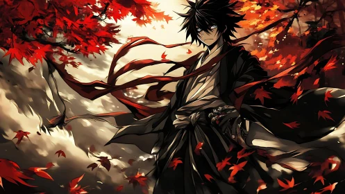 Samurai figure under red maple foliage in dynamic wind.