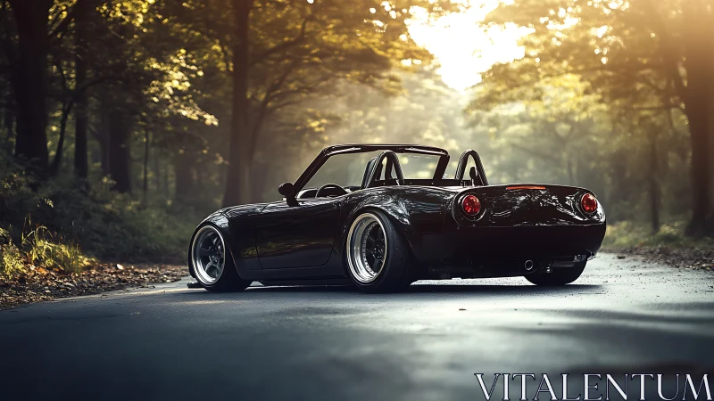 Black modified roadster sits on sunlit forest road