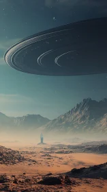 Ringed megastructure above arid exoplanetary valley landscape.