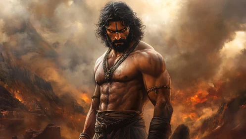 Muscular warrior stands amid volumetric fiery smoke and ruined cliffs